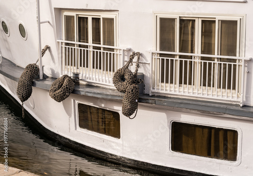 Woven rope fenders on side of a river cruise ship on the Nile Aswan Egypt