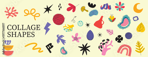 Collage scrapbook stickers with crayon drawn doodles and patterns. lightning and crown scrapbook shapes. Cutout funky shapes for collage valentine design.