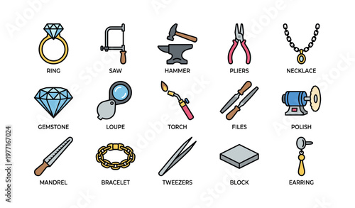 Jewelry tools collection: ring, saw, hammer, pliers, necklace, and more