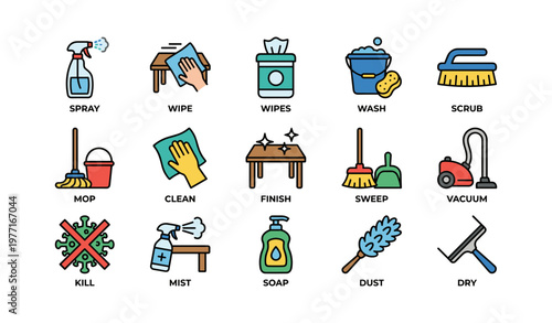 Colorful cleaning icons representing various household chores and tools