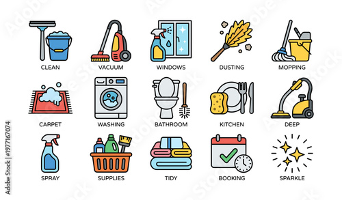 Home cleaning icons including vacuum, mop, and supplies