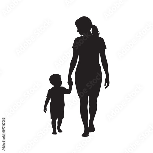 Black silhouette of mother and child walking outdoors