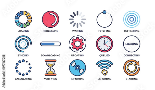 Colorful loading and processing icon set with various designs and functions