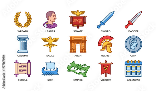 Icons of ancient rome: wreath, leader, senate, sword, dagger, column, eagle, arch, helmet, coin, scroll, ship, empire, victory, calendar