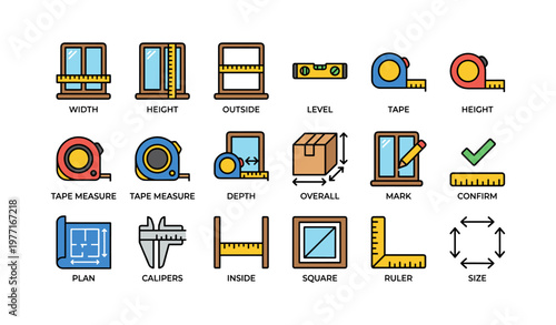 Measurement tools icons set: ruler, tape measure, calipers, level, box