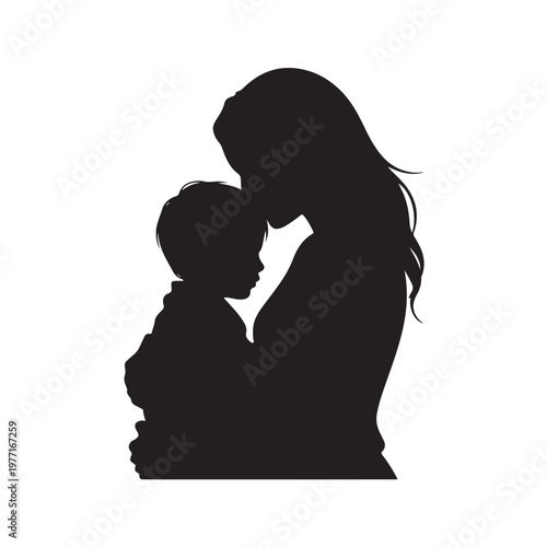 Black silhouette of mother embracing child embrace