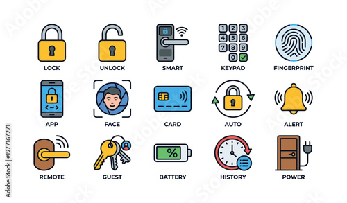 Smart security icons: lock, unlock, fingerprint, keypad, face recognition symbols