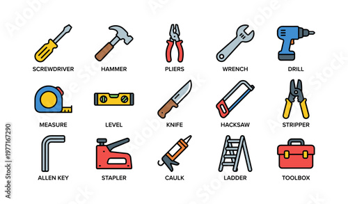 Colorful hand tools set: screwdriver, hammer, pliers, wrench, drill, knife, toolbox