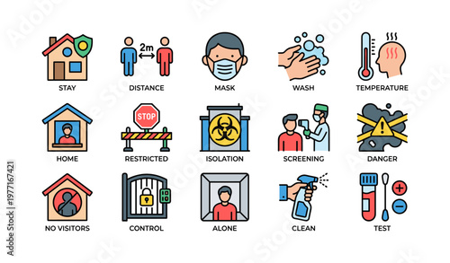 Icon set illustrating safety measures: social distance, mask, handwashing, temperature, isolation
