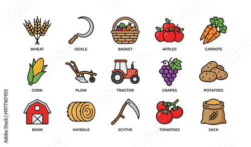 Farm tools and produce icons including wheat, sickle, basket, and apples