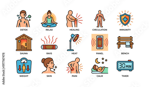 Wellness icons for health and relaxation benefits