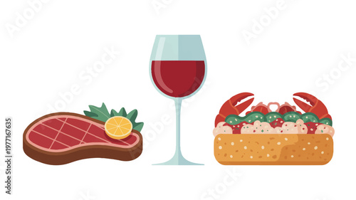 Illustration of steak seafood salad red wine with flat design food and drink seafood platter seafood appetizer fine dining wine glass appetizer