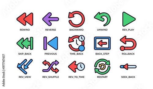 Colorful arrow and time icons for media controls and navigation