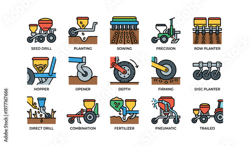 Agricultural machinery icons for precision planting and seeding techniques