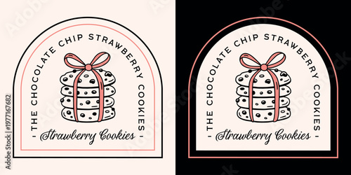 Strawberry chocolate chip cookies flavor label logo sticker tag packaging design girly vintage fancy aesthetic print. Homemade soft cookie stack with pink bow cute outline drawing bakery illustration.