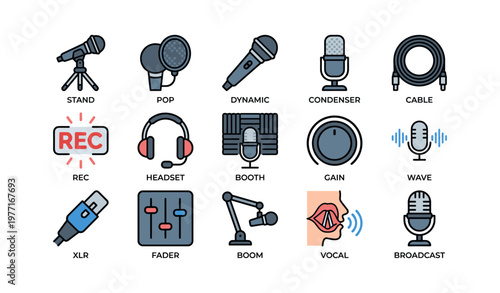 Audio equipment icons: microphones, headphones, studio tools, and sound devices