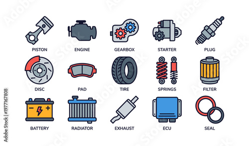 Car part icons: engine, gearbox, tire, battery, filter collection