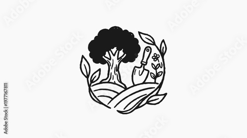 Garden Logo with Tree Trowel and Plants