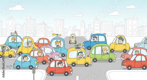 Cute cartoon cars driving in a city traffic jam illustration.
