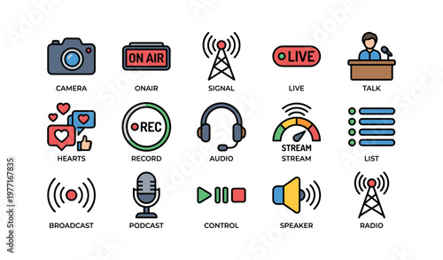 Multimedia and broadcasting icons: camera, microphone, podcast, radio, live