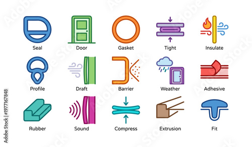 Colorful icons representing various tools and materials for construction and engineering
