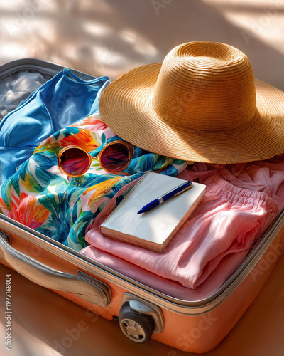 Open light blue suitcase packed for a summer vacation. The luggage is filled with clothing, hat, sunglasses, and an open notebook with a blue pen. AI generated