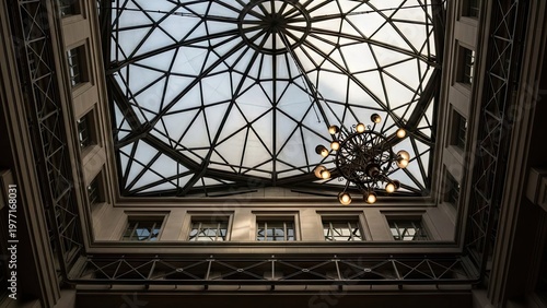A large chandelier hangs from a glass ceiling in a modern building