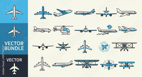 Collection of diverse aircraft vector illustrations.