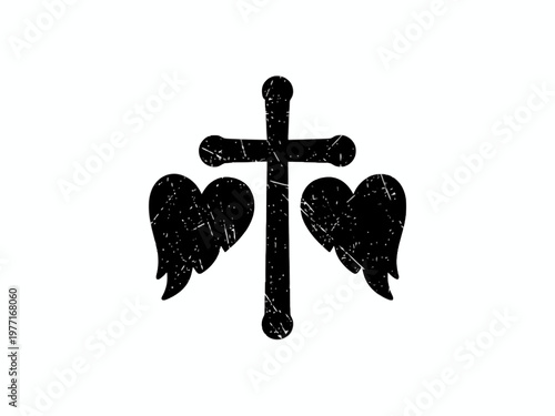 Christian Cross with Heart Wings Silhouette on White Background