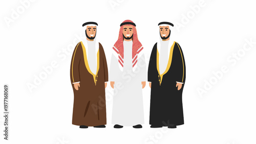 Three Arab men in traditional thobe and bisht standing together