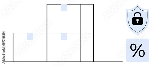 Data security, logistics, safe business operations, financial management, organization, secure delivery. Stacked boxes, percent icon shield with a lock. Data security and logistics
