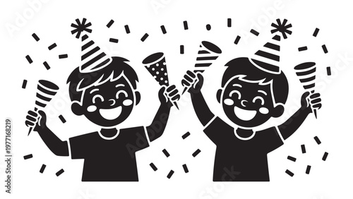 Black silhouette of two children hugging with starry background