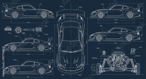 Blueprint technical drawing of a sports car.
