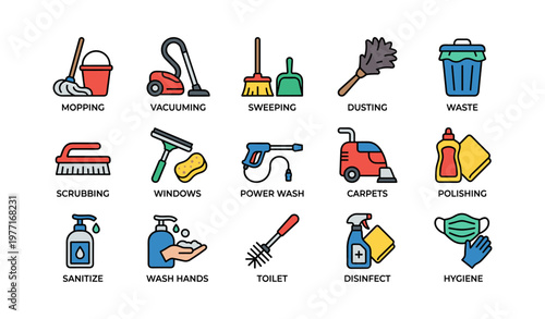 Household cleaning icons: mopping, vacuuming, sweeping, sanitizing, hygiene tools