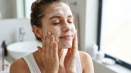 Woman applying a thick white facial cleanser to her skin using circular motions to ensure deep pore cleaning and gentle exfoliation during her refreshing evening beauty care routine.