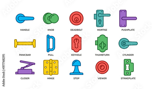 Various door hardware: handles, knobs, deadbolts, and more