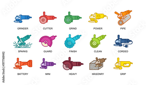 Colorful set of tool icons featuring grinders, cutters, and power tools