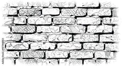 Brick wall texture grunge masonry background. Black and white brick wall illustration with distressed, rough texture pattern.