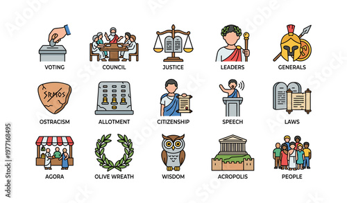 Ancient greek democracy symbols: voting, council, justice, leaders, citizenship, speech, laws