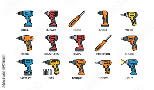 Colorful collection of various electric drill icons and screwdrivers