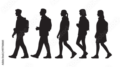 Black silhouette pack of five people walking side by side