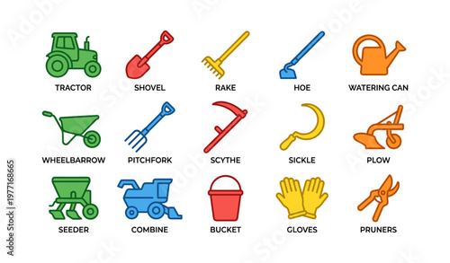 Colorful farm tools collection including tractor, scythe, and watering can for agricultural work