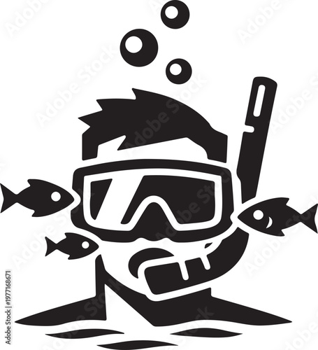 Geometric man snorkeling with fish around mask, bubbles rising.