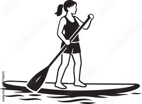 Minimal  vector illustration woman paddleboarding on calm sea, oar mid-stroke.