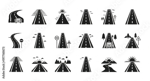 Collection of Road Icons and Symbols for Navigation and Travel.