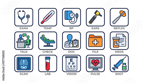 Medical icon set representing health checkups and equipment