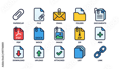Set of office icons: paperclip, documents, email, file types, download, upload, link