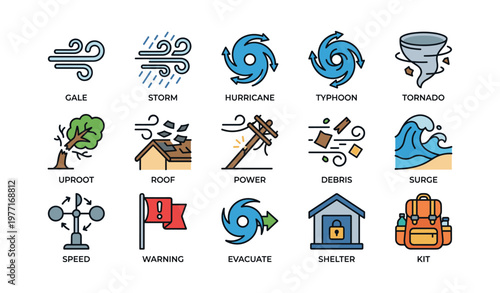 Weather icons representing gale, storm, hurricane, typhoon, tornado, uproot, debris, warning