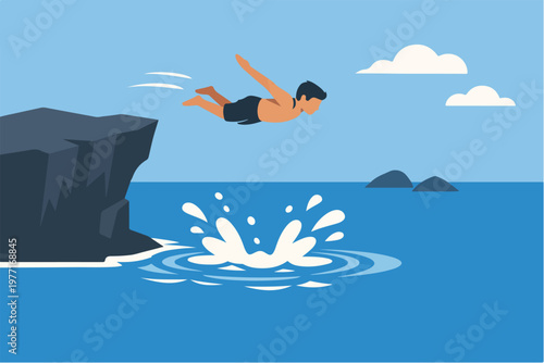 Flat diver jumping from cliff into ocean pool below.