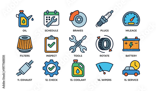 Car maintenance icons: oil, schedule, brakes, plugs, mileage, filters, inspect, tools, rotate, battery